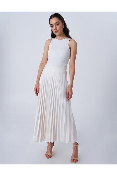 Kayra High Waist Satin Skirt - Pleated Ecru