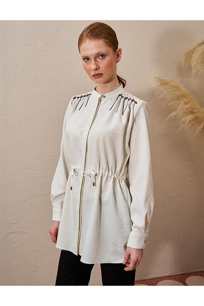 Kayra Waist Shirred Seersucker Ecru Tunic