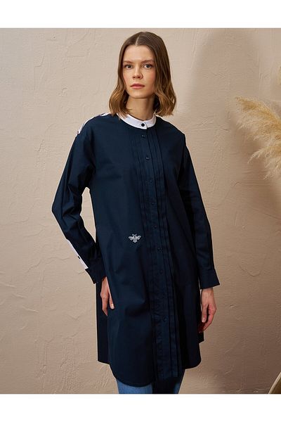 Kayra Ribbed Stitched Poplin Tunic Dark Navy Blue