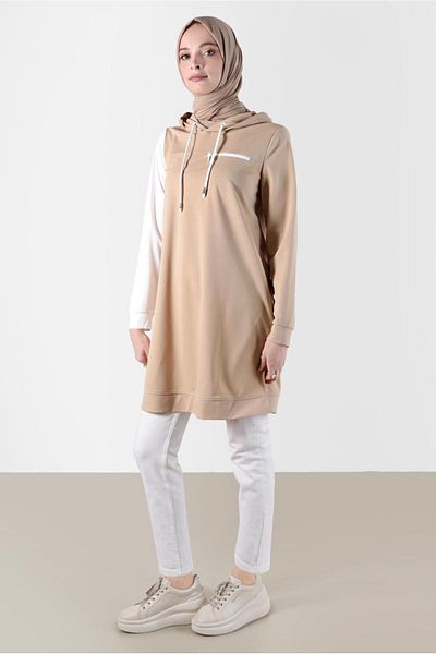 Alvina 42852 Model Hooded Two Colors Tracksuit Tunic