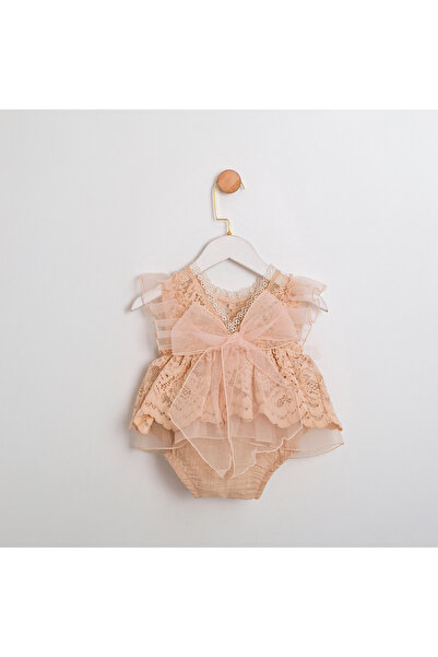 ministok Romantik Arkası Fiyonklu Dantel Ve Boneli Kız Bebek Romper