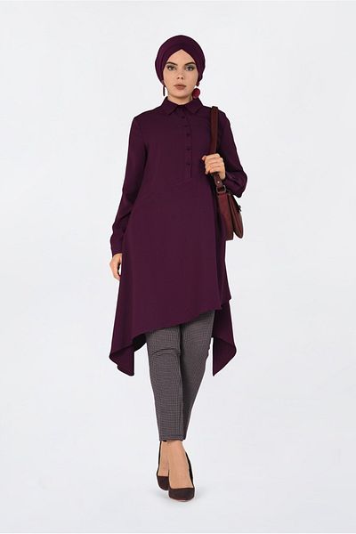 Alvina 4706 Model Asymmetrical Cut and Pleat Detailed Tunic