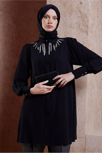 Alvina 44494 Model Hijab Tunic - Stone Detailed