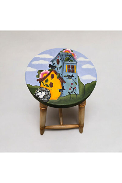 Lotus El Çizimi El Boyaması Ahşap Tabure 60 cm Tabure Yuvarlak Tabure Eskitme Ahşap