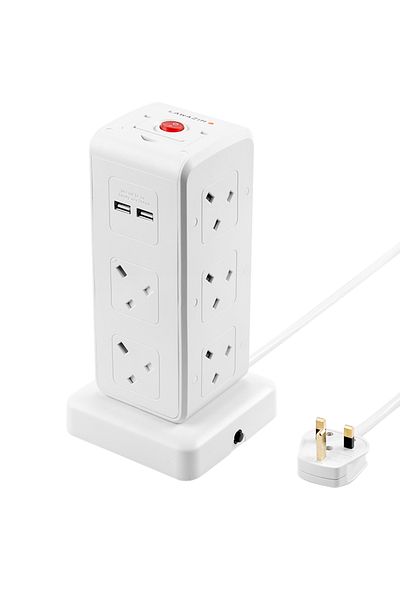 Lawazim مقبس تمديد برجي بـ 10 منافذ - 2990 واط مع 4 منافذ USB ومفاتيح تشغيل/إيقاف وكابل بطول 1.5 متر