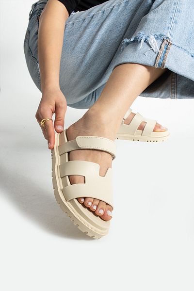 Moda Devrin Papuci de damă cu talpă anatomică confortabilă cu velcro bej