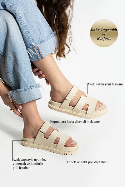 Moda Devrin Papuci de damă cu talpă anatomică confortabilă cu velcro bej