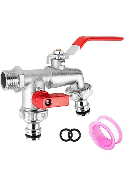 COOYA Double Outlet Tap, with 2 x Free Hose Connections, 1 x Roller Sealing Tape, Brass, Hose Nozzle