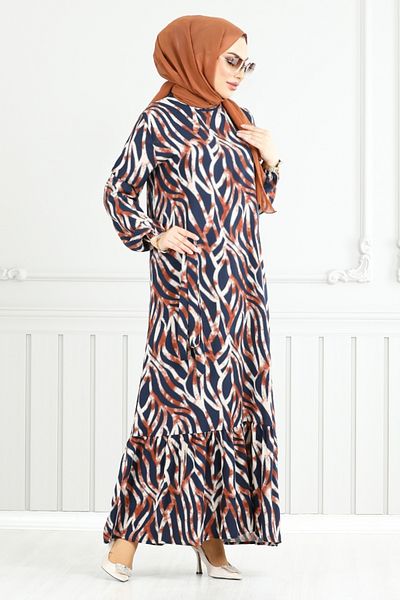 ModaMerve Wave Patterned Viscose Dress - 825Ozr1047-M Tan