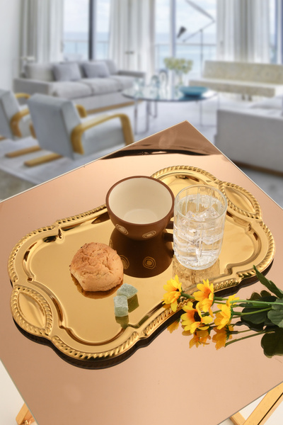 AKSESUAR EVRENİ Liven Paslanmaz Dikdörtgen Burgu Desen Sunum Tepsisi Gold 1 Adet