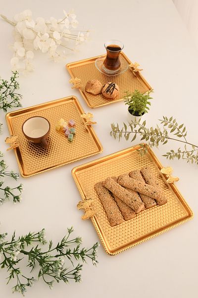 AKSESUAR EVRENİ Karev Butterfly Detailed Square Honeycomb Presentation Tray Set of 3