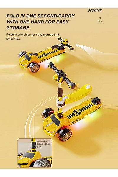 KidLe 3 in 1 Kick Scooter for Kids, Foldable Children's Scooter with Adjustable Seat and Light up Wheels