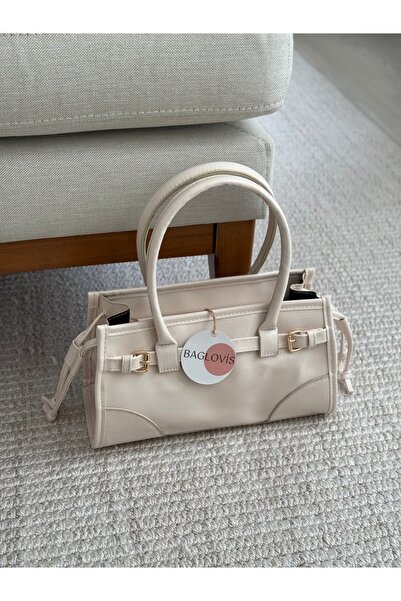BAGLOVİS Cream Women's Shoulder Bag with Buckle on Front and Drawstring Sides