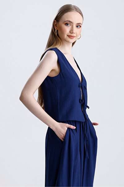 MD trend Women's Tie-Up Vest and Elastic Waist Pocket Lined Bell Skirt Double Summer Set