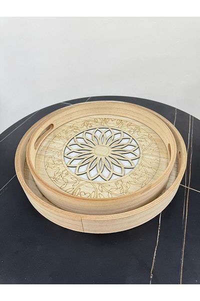 Living Set of 2 serving trays, decorated wooden with a glass top.