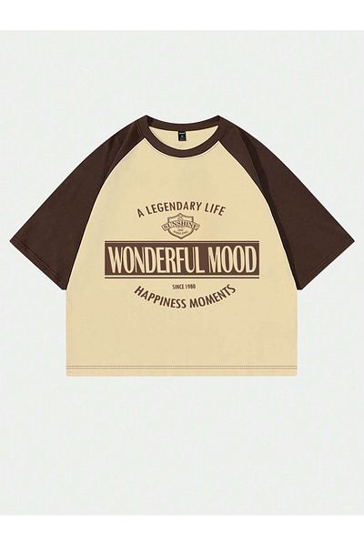 Trendseninle Μπλουζάκι με στάμπα σε μπεζ καφέ Oversize Crop T-Shirt - T-Shirt με λαιμόκοψη