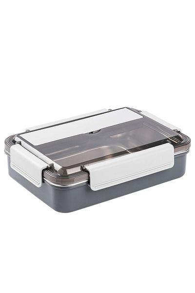 Tantitoni Tantitoni Gray Stainless Steel Rectangular 3 Compartment Food Carrying Container with Fork and Spoon 1.1L