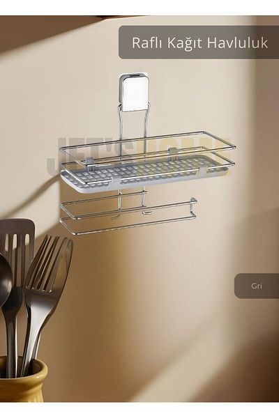 Jet's Home Paper Towel Holder with Adhesive Shelf Stainless Napkin Holder Steel Bathroom Towel Holder Organizer Gray