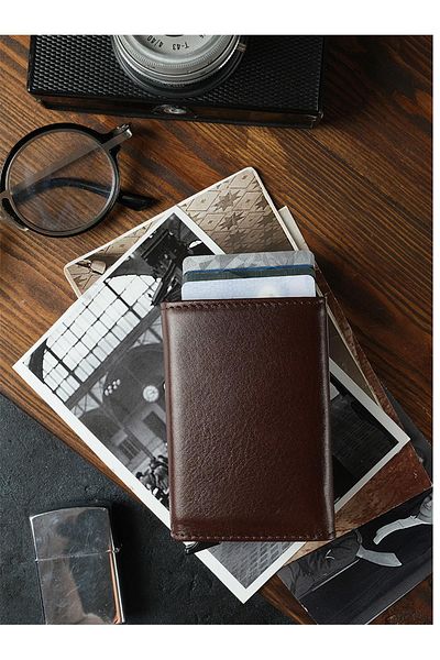 Bagacar Καφέ Unisex Γνήσιο Δερμάτινο Πορτοφόλι Αυτόματης Μεταφοράς Κάρτας