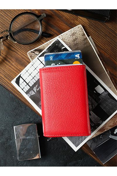 Bagacar Red Unisex Genuine Leather Mechanized Automatic Sliding Card Holder Wallet