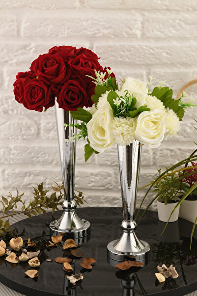 TR Turan Collection MİLAS 2'li Metal Vazo Gümüş Renk Dekoratif Aranjman ÇİÇEKSİZ