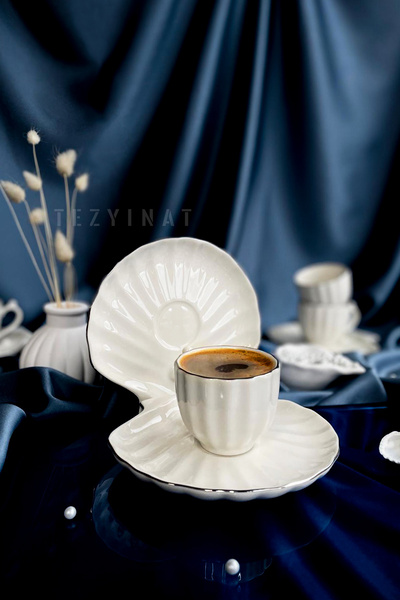 Tezyinat Wood -İstiridye İnci İncili 12 Parça 6 Kişilik Porselen Kahve Fincan...