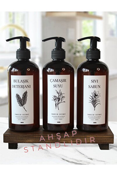 IMKER HOME Mutfak Seti 4'lü Ahşap Stantlı Bulaşık Deterjanı Çamaşır Suyu Sıvı...