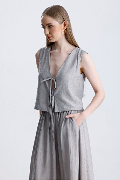 MD trend Women's Tie-Up Vest and Elastic Waist Pocket Lined Bell Skirt Double Summer Set