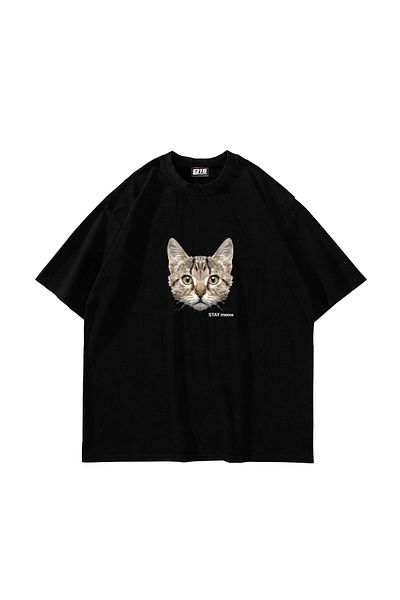 Sekizbiraltı Cat Stay Meow Printed Oversize Unisex Μαύρο Tshirt
