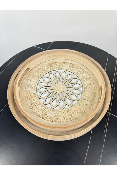 Living Set of 2 serving trays, decorated wooden with a glass top.