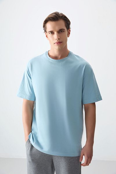 AIR JONES Светлосиня мъжка тениска Oversize Fit, 100% памук, плътна, мека текстура - 88353