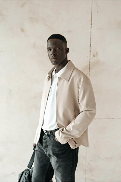 ablukaonline Ανδρικό λεπτό μπουφάν με φερμουάρ Relaxed Fit - Μπεζ