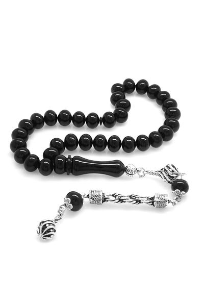 Tesbihane Non-Tarnish Metal Rope Tasseled Wheel Cut Black Clamping Amber Rosary