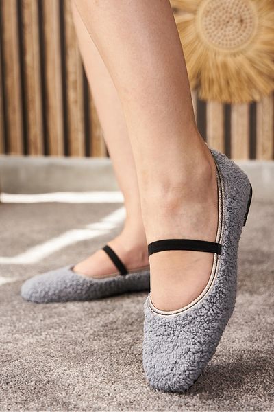 Allyup Daily Women's Gray Ballerinas Plush Rubber Detailed Oval Toe Comfortable Lightweight Shoes 373