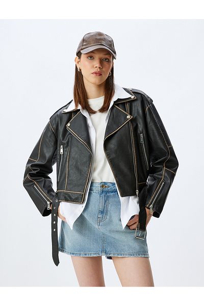 Koton Faux Leather Zippered Belt Detailed Washed Biker Jacket