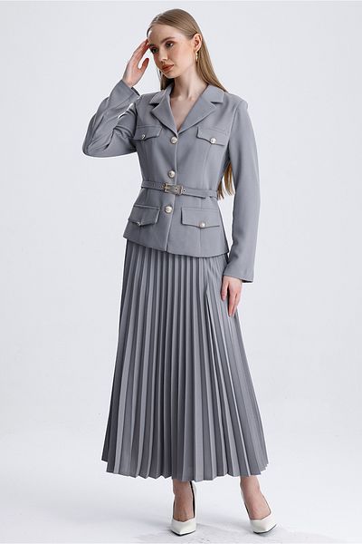 MD trend Women's Pleated Skirt and Belted Short Jacket with Pockets Double Classic Set