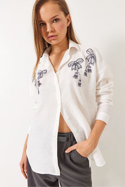 Bianco Lucci Women's Stone Embroidered Bow Detailed Aerobin Oversize Shirt 60283022