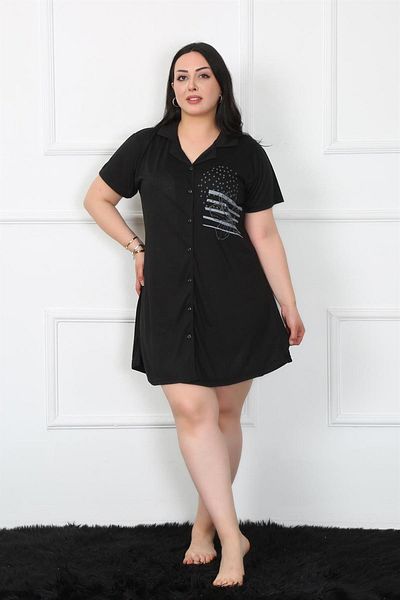 Celira Large Size Combed Cotton Buttoned Black Tunic Nightgown 1025