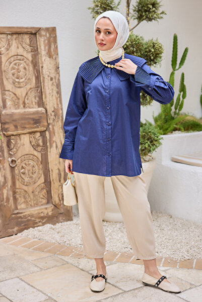 LOCCO Women's Shirt and Sleeve Pleat Detailed Shirt Navy Blue