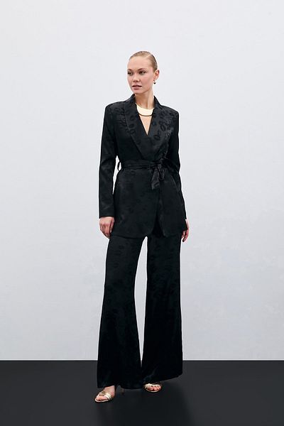 Sateen Wide Leg Patterned Trousers - Black