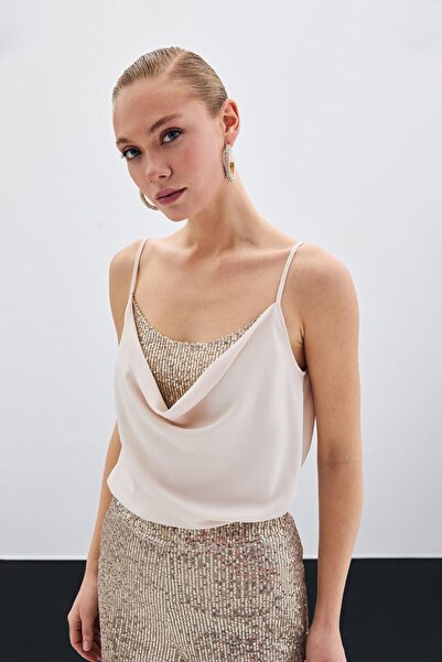 Sateen Degaje Yaka Bluz - Bej