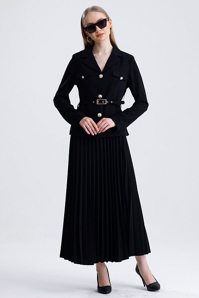 MD trend Women's Pleated Skirt and Belted Short Jacket with Pockets Double Classic Set