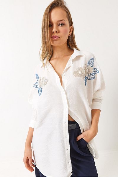 Bianco Lucci Cămașă oversize pentru femei, cu mărgele, brodate cu flori 60283021