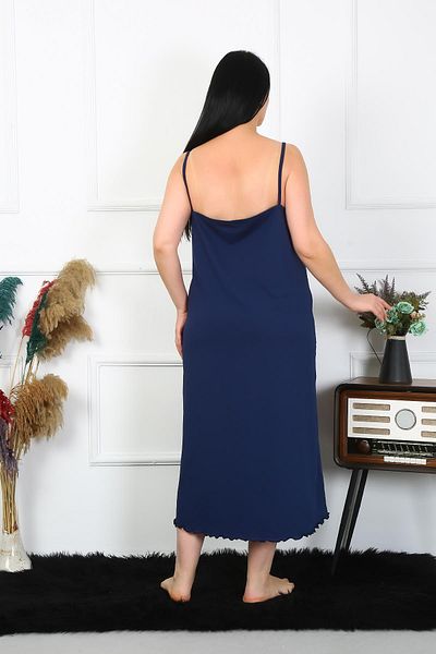 Celira Women's Large Size Rope Strap Cotton Navy Blue Long Nightgown 12100