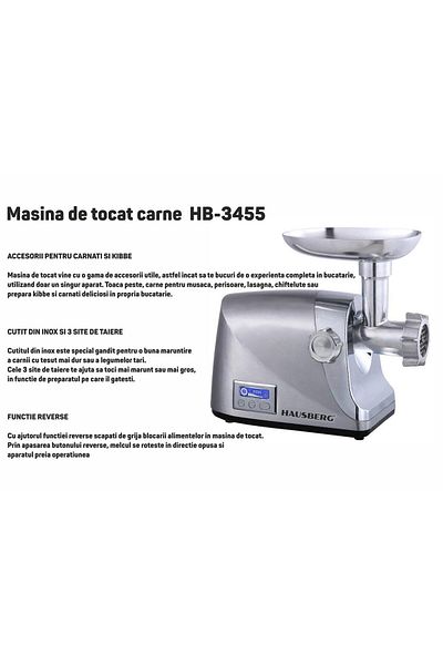 Hausberg Masina tocat Hausberg HB-3455, 3500W, 2Kg/min, Impingator legume, Carcasa aluminiu, Motor cupru