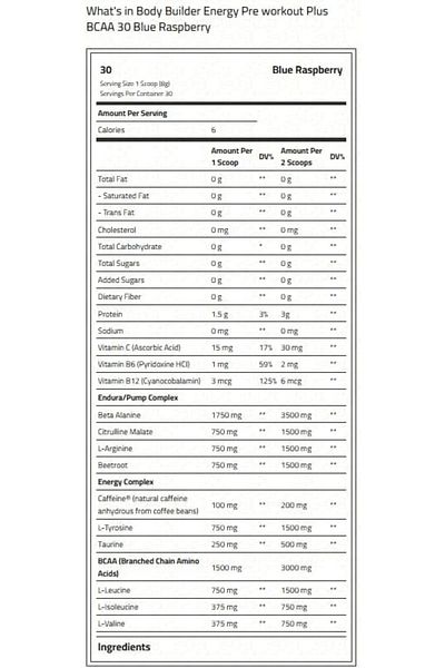Body Builder Energy Pre workout Plus BCAA, Blue Raspberry, 30 Servings