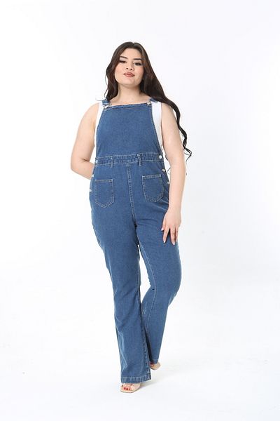 Şans Women's Large Size Navy Blue High Waist 6 Pocket Denim Salopet Jumpsuit 65N38882