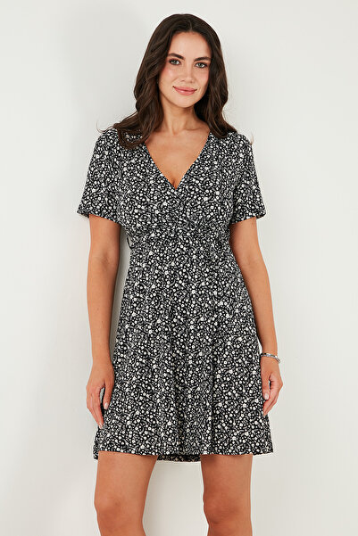 Lela Çiçek Desenli Kruvaze Yaka Fitilli Elbise  Elbise 5864505y6