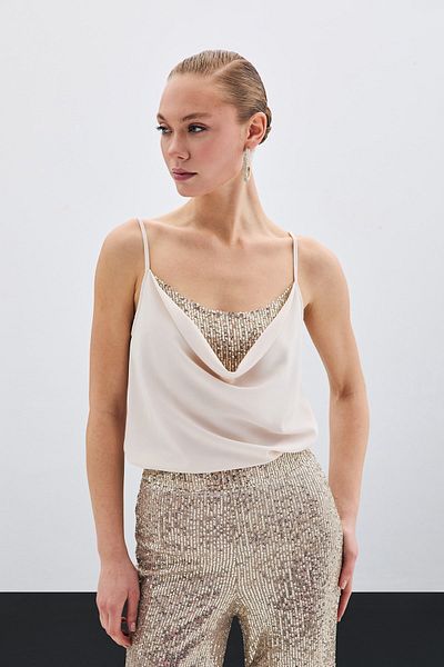 Sateen Blouse with Embroidered Collar - Beige