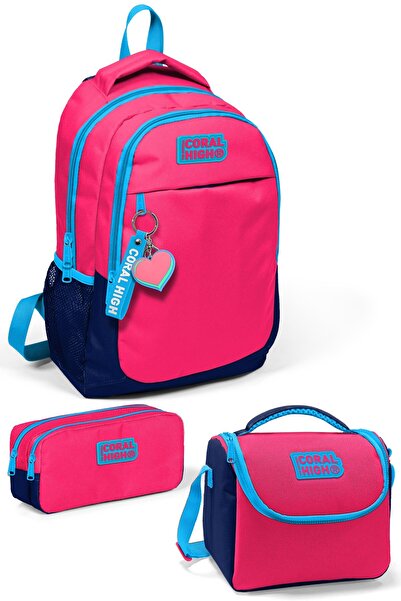 Coral High Kids Neon Coral Navy Blue 3 Tails School Bag Set Set 0114392
